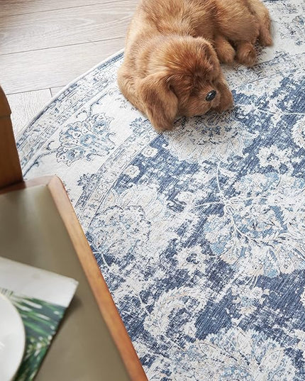 jinchan Fiora Round Rug 6ft Area Rugs Vintage Floral Distressed Design - Machine Washable Non-Slip Low-Pile Ultra-Thin Circle Rug for Entryway Bedside Living Room Bedroom (6' Round, Dark Blue)