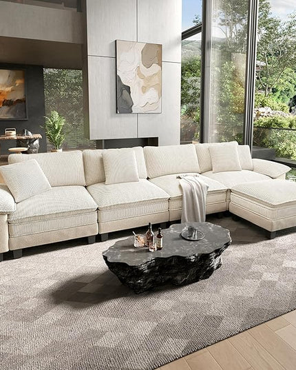 HERA'S HOUSE 158" Modular Sectional Sofa, Oversized L Shaped Couches for Living Room, Comfy Cloud Couch with Ottoman, 5-Seater Deep Seat Sofa with Throw Pillow, Corduroy and Chenille Beige