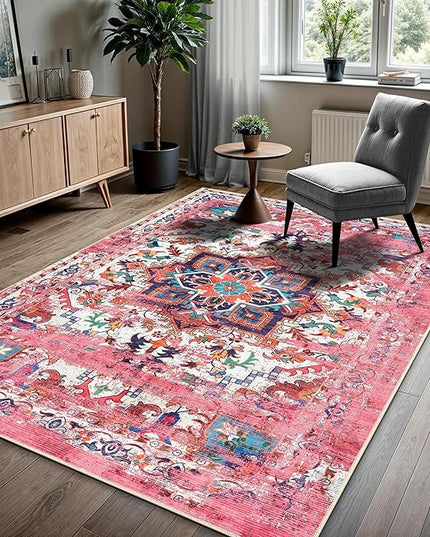GLN Rugs Traditional Collection - Machine Washable Area Rug, Traditional Washable, Non Slip, Low Pile Chenille Rug, Living Room, Bedroom, Kitchen Rug (6'6"x9'6" Pink)