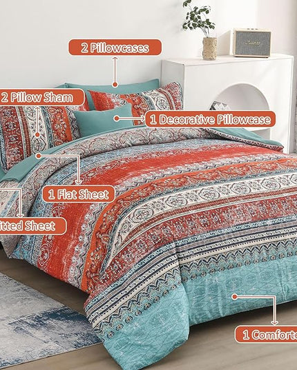 Cottolester Boho Full Comforter Set 8 Pieces, Terracotta Comforter Bohemian Striped Bed in A Bag,Soft Microfiber Bedding Set for All Seasons