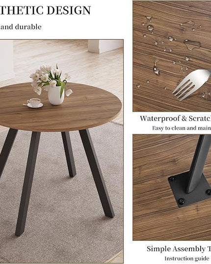 34.6'' Dining Table and Chairs for 2, Mid Century Modern Round Table Set, Space Saving for Apartment Kitchen Dining Room (Walnut Table+2 U-Shaped Black Chairs)