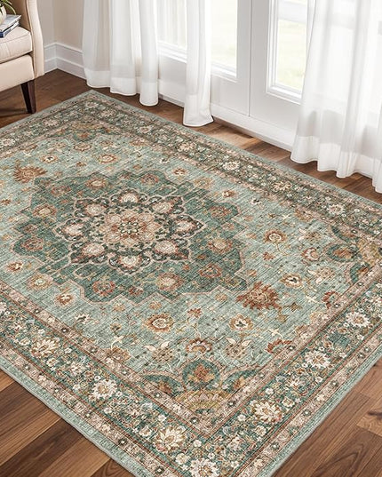 Washable Oriental Area Rug - 3x5 Rugs for Living Room Soft Carpet for Bedroom Waterproof Floral Distressed Indoor Stain Resistant Non-Shedding Floor Carpets (Green, 3X5)