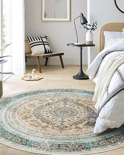 Round Area Rugs 5ft Washable,Blue Rug for Living Room Bedroom Dining Room,Large Boho Vintage Bohemian Distressed Oriental Carpet Non Slip,Floral