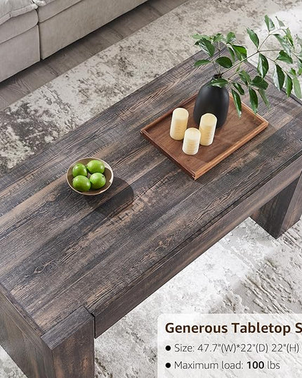 OKD 48" Modern Farmhouse Coffee Table, Wooden Living Room Table with Hidden Storage Drawer, Rustic Rectangular Center Tables w/Wood Thick Design for Living Room, Office, Dark Rustic Oak