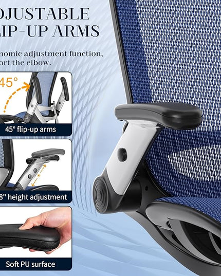 GABRYLLY Ergonomic Office Chair, High Back Mesh Desk Chair with Adjustable Headrest, Flip-Up Arms, 90-120° Tilt Lock, Lumbar Support and Comfy Seat, Swivel Computer Task Chair, Blue