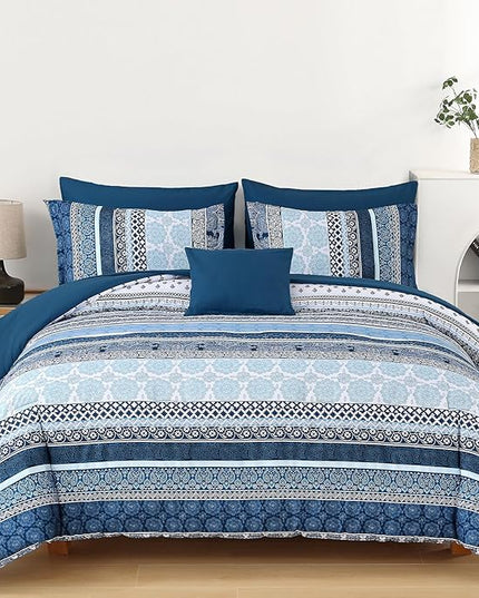 Boho Comforter Set Full Size,8 Pieces Navy Blue Bohemian Striped Bed in a Bag,Paisley Soft Microfiber Bedding Comforter Set