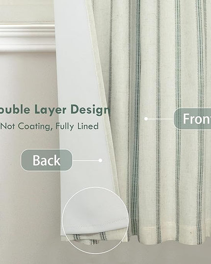 DriftAway Farmhouse Linen Blend Blackout Curtains 63 Inches Long for Bedroom Vertical Striped Printed Linen Curtains Thermal Insulated Lined Treatments for Living Room Pair W52 x L63 Linen Loden Green