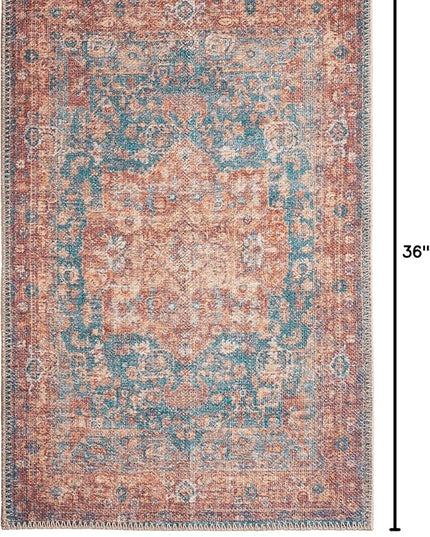 GLN Rugs Traditional Collection - Machine Washable Area Rug, Traditional Washable, Non Slip, Low Pile Chenille Rug, Living Room, Bedroom, Kitchen Rug (2'x3' Terra/Green)