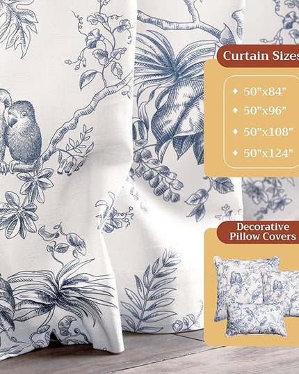 Maison d' Hermine Curtains for living room 100% Cotton 84 inch length Two Panels Light Filtering Toile Curtains for Bedroom Windows with rod and loop Pockets Drapes (Jouy Paradise Blue, 50"W x 84"L)