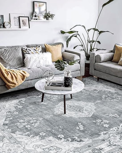 MUJOO Grey Rug 8'x10' Area Rugs for Living Room Bedroom Dining Room,Large Washable Boho Bohemian Vintage Distressed Farmhouse Non Slip Carpet, Floral Flowers