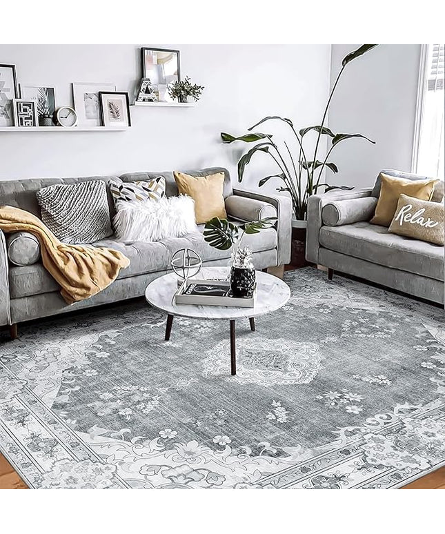 MUJOO Grey Rug 8'x10' Area Rugs for Living Room Bedroom Dining Room,Large Washable Boho Bohemian Vintage Distressed Farmhouse Non Slip Carpet, Floral Flowers