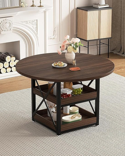 Round Dining Table with Storage for 4, Modern Kitchen Table for Small Space, Space Saving Dining Table for Dining Room, Apartment, or Breakfast Nook (Walnut - Table Only)