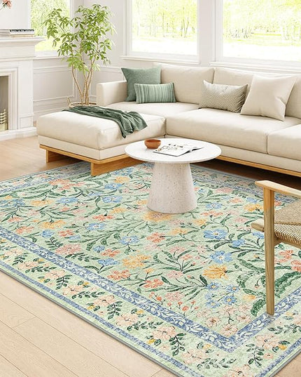 Wonnitar Boho Washable Rugs 8x10, Large Floral Rugs for Bedroom, 8 x 10 Soft Green Living Room Carpet, Non Slip Ultra-Thin Carpet for Kids Playroom Dorm Dining Room