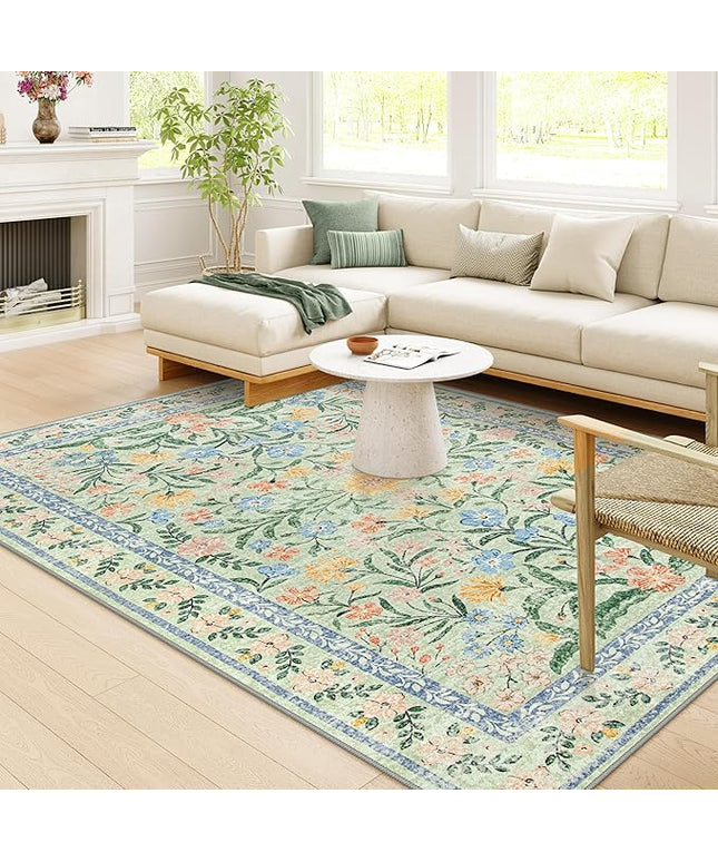 Wonnitar Boho Washable Rugs 8x10, Large Floral Rugs for Bedroom, 8 x 10 Soft Green Living Room Carpet, Non Slip Ultra-Thin Carpet for Kids Playroom Dorm Dining Room