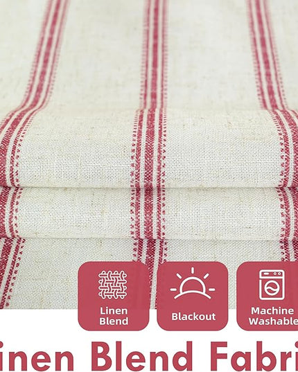 DriftAway Farmhouse Linen Blend Blackout Curtains 84 Inches Long for Bedroom Vertical Striped Printed Linen Curtains Thermal Insulated Lined Treatments for Living Room 2 Panels W52 x L84 Linen Red