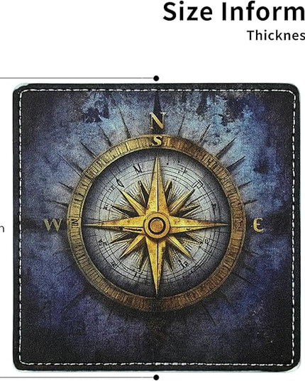 Marble Coasters Square Leather Drinks Coaster Set with Holder for Coffee Table Bar Home Decor 4 Inches Set of 6 (Compass Rose, One Size)