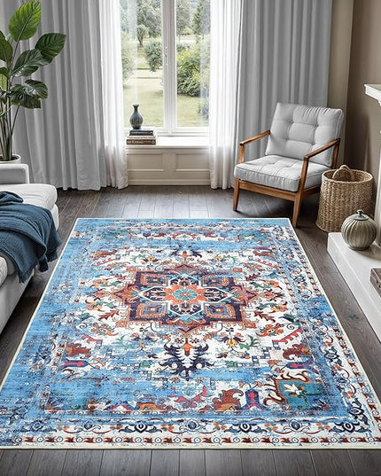 GLN Rugs Traditional Collection - Machine Washable Area Rug, Traditional Washable, Non Slip, Low Pile Chenille Rug, Living Room, Bedroom, Kitchen Rug (3'x5' Blue)
