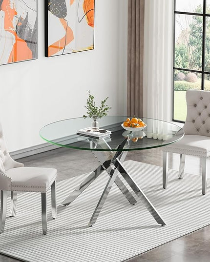 Round Glass Dining Table Set for 2, 47'' Clear Circular Kitchen Table and Chairs Set, 3PCS Modern Circle Dining Room Table Set with 2 Velvet Dining Chair for Home