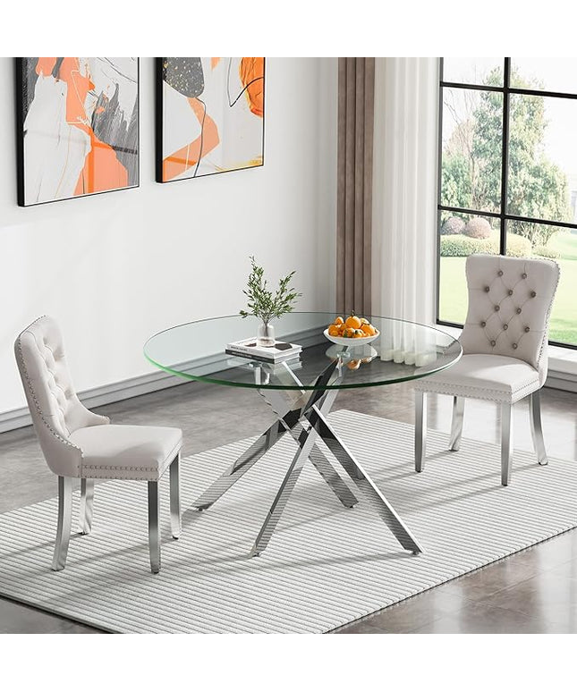 Round Glass Dining Table Set for 2, 47'' Clear Circular Kitchen Table and Chairs Set, 3PCS Modern Circle Dining Room Table Set with 2 Velvet Dining Chair for Home