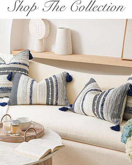 BlissBlush Navy Dark Blue Decorative Throw Pillow Cover 18x18 Square Boho Accent Pillowcase Tassels Farmhouse Cushion for Couch Sofa Bedroom Living Room Home Décor Cover ONLY