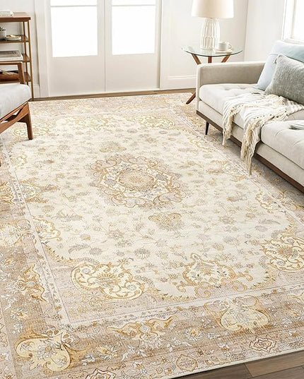5'x7' Area Rugs Washable,Boho Rug for Living Room Bedroom,Large Vintage Bohemian Distressed Oriental Carpet Non Slip,Beige Gold Floral