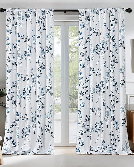 Beauoop Floral 100% Blackout Curtains 84 Inches Long 2 Panels for Bedroom Living Room Navy Blue and White Flower Patterned Room Darkening Thermal Soundproof Rod Pocket Back Tab Window Drapes, 52X84