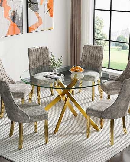Round Glass Dining Table Set for 6, 47'' Clear Circular Kitchen Table and Chairs Set, 7PCS Modern Circle Dining Room Table Set with 6 Dining Chair for Home