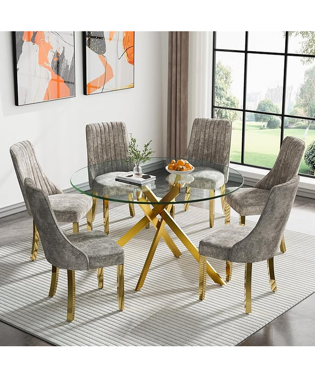Round Glass Dining Table Set for 6, 47'' Clear Circular Kitchen Table and Chairs Set, 7PCS Modern Circle Dining Room Table Set with 6 Dining Chair for Home