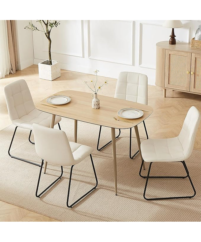 47.2'' Dining Table Set for 4 - Modern Wood Table with Cat Scratch-Resistant Surface & 4 U-Shaped White Leather Chairs, Kitchen & Dining Room Furniture, Space-Saving Table and Chairs Set