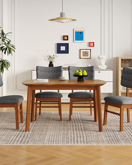 5-Piece Wooden Dining Set Mid-Century Modern Dinner Table and 4 Upholstered Chairs Rectangular Table with Chairs Set Rubberwood Legs Linen Padded Seat & Backrest for Dining Room Kitchen Apartment