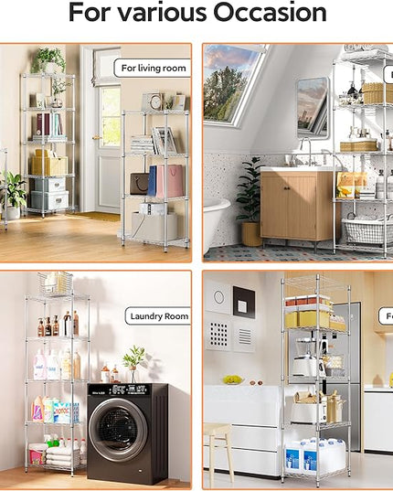 5 Tiers Shelf Metal Storage Shelves Wire Rack Closet Organizers with Wheel for Garage Kitchen Bathroom Laundry Chrome 11.8" D x 17.7" W x 55" H