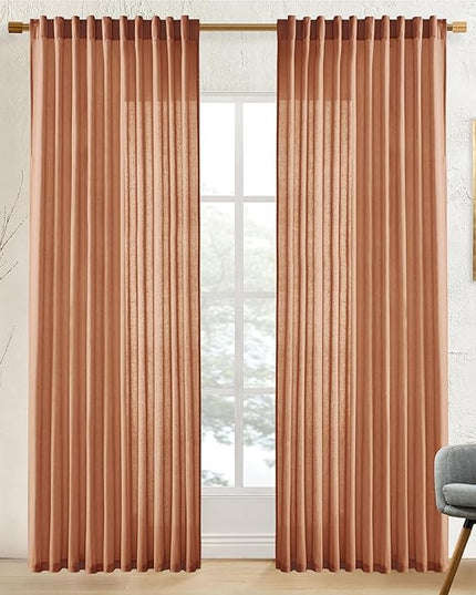 XTMYI 84 Inches Long Terracotta Country Curtains for Living Room,Sheer Linen Curtains for Bedroom 70 Inches Wide
