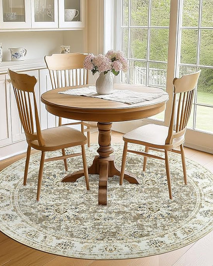 jinchan Fiora Round Rug 6ft Area Rugs Vintage Floral Distressed Design - Machine Washable Non-Slip Low-Pile Ultra-Thin Circle Rug for Entryway Bedside Living Room Dining Room Bedroom (6' Round, Taupe)