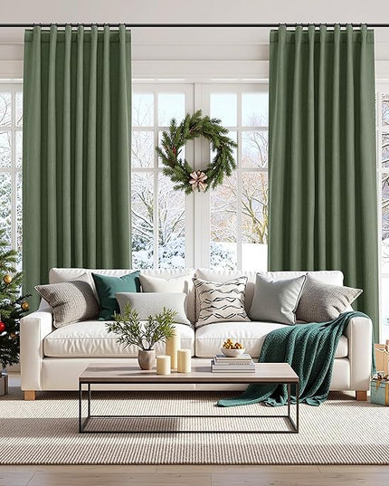 Guken Olive Green Blackout Curtains 108 Inch Length 2 Panels Set for Living Room Bedroom Back Tab Thermal Insulated 100% Black Out Linen Drapes Room Darkening Window Curtains 108 Inches Long