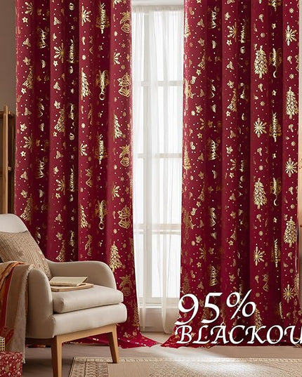 NICETOWN 2 Panels Christmas Grommet Pocket Curtains 52 x 95 Inch, Gold Stamped Holiday Window Drapes for Xmas Decorations, Festive Room Darkening Curtain Set for Living Room Bedroom, Seasonal Style