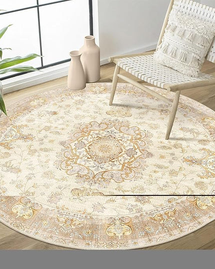 Beige Round Rug 4ft,Circle Washable Area Rugs for Bedroom Bathroom Entryway Kitchen,Small Boho Vintage Bohemian Distressed Oriental Floral Carpet Non Slip,Retro Gold Floral