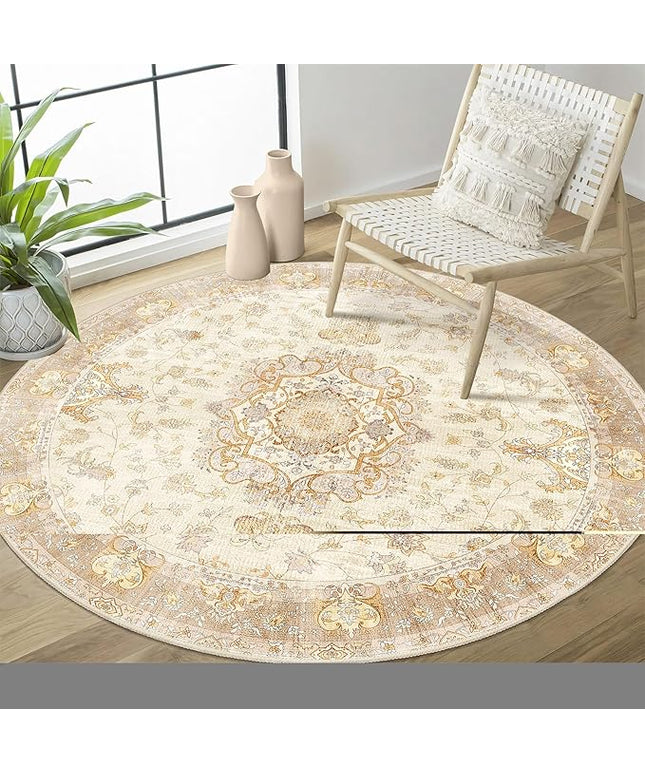 Beige Round Rug 4ft,Circle Washable Area Rugs for Bedroom Bathroom Entryway Kitchen,Small Boho Vintage Bohemian Distressed Oriental Floral Carpet Non Slip,Retro Gold Floral