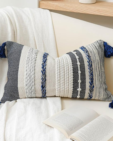 BlissBlush Decorative Lumbar Throw Pillow Cover 14x24 Boho Dark Blue Accent Cushion for Couch Sofa Farmhouse Pillowcase for Bedroom Living Room Home Décor Cover ONLY