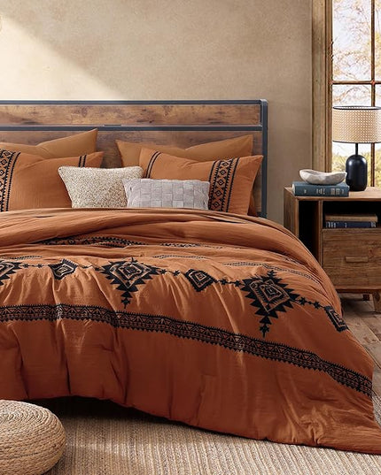 MaiRêve Embroidery Comforter Set, Boho Farmhouse Western Bedding Set, All Season Bed in A Bag Comforter Set with Sheets, Pillowcases & Shams, Burnt Orange Oversized Queen 7 Pieces