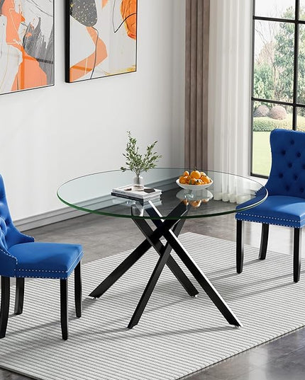 HomVent 3 Piece Round Glass Dining Table Set, Tempered Glass Dinner Table Set for 2 Kitchen Table Set with 2 Velvet Upholstered Chairs for Kitchen Dining Room