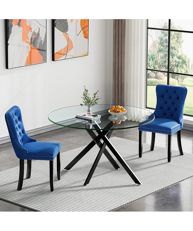 HomVent 3 Piece Round Glass Dining Table Set, Tempered Glass Dinner Table Set for 2 Kitchen Table Set with 2 Velvet Upholstered Chairs for Kitchen Dining Room