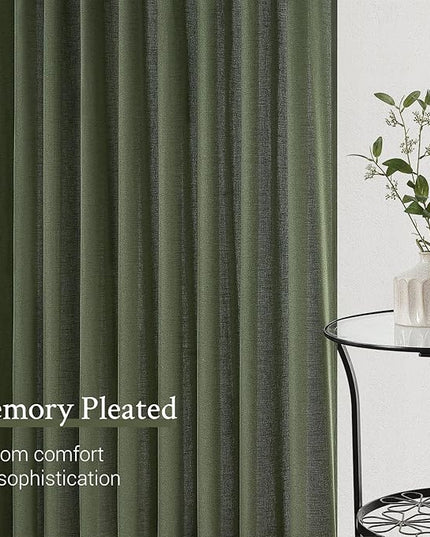 Topfinel Olive Green Pinch Pleated Semi Sheer Curtains Textured Linen Blended Light Filtering Window Curtains 94 inch for Living Room Bedroom Pinch Pleat Drapes with Hooks 2 Panels 40" Wx94 L