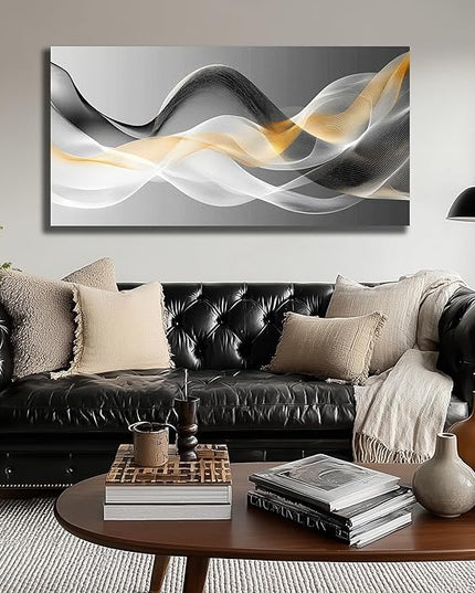 JuhaiArt Abstract Wall Decor Art Gold Canvas Modern Black Picture White Art for Bedroom Office Decoration 24" x 48"