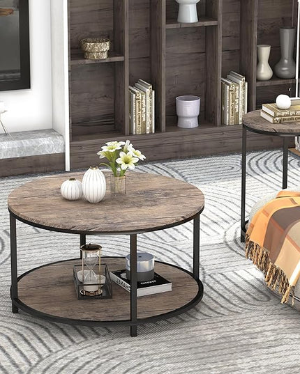 NSdirect Round Coffee Table, 27.5" Small Coffee Table for Living Room,2-Tier Rustic Wood Desktop with Storage Shelf Modern Design Home Furniture(Light Walnut)
