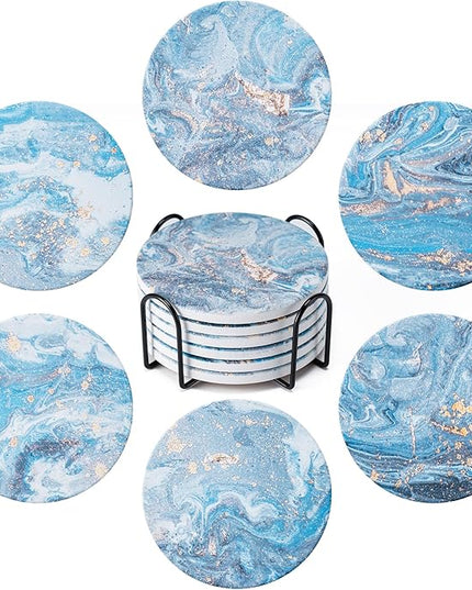 Hoewina 6Pcs Drink Coasters with Holder, Marble Style Ceramic Drink Coaster, Absorbent Coasters Set Suitable for Kinds of Cups, Modern Style Coaster for Coffee Table, 4 Inches（Style 9）