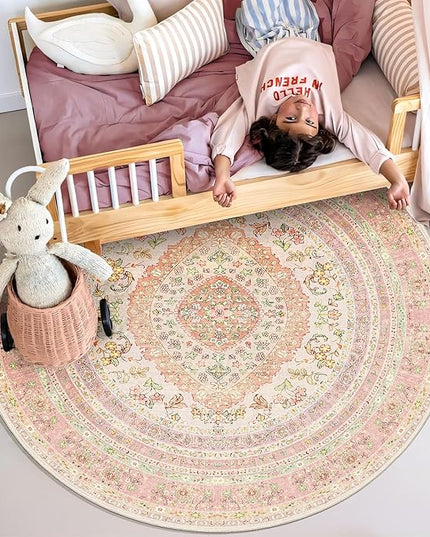 Round Area Rugs 4ft Washable,Pink Rug for Living Room Bedroom Dining Room,Circle Boho Vintage Bohemian Distressed Farmhouse Carpet Non Slip,Blush Floral