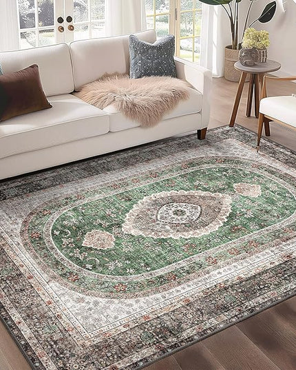 Green Rug 3x5,Washable Area Rugs for Bedroom Living Room Kitchen Entryway,Small Boho Vintage Bohemian Distressed Oriental Non Slip Carpet