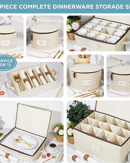 Hard Shell China Storage Containers 8-Piece Set Moving Boxes for Dinnerware, Glasses, Plates, Mugs and Saucers Sturdy Dish Organizer with Dividers for Seasonal Storage - Service for 12 - Beige