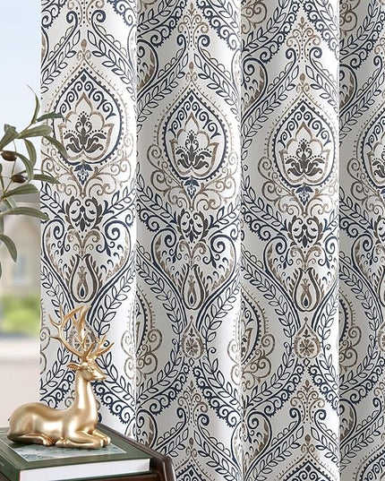 jinchan Blackout Curtains 84 Inches Long Blue Damask Medallion Curtain for Bedroom Black Out Drapes Printed Vintage Luxury Drape Grommet Top Window Treatments Set 2 Panels