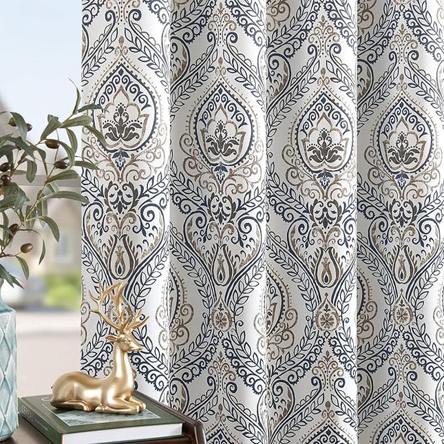 jinchan Blackout Curtains 84 Inches Long Blue Damask Medallion Curtain for Bedroom Black Out Drapes Printed Vintage Luxury Drape Grommet Top Window Treatments Set 2 Panels